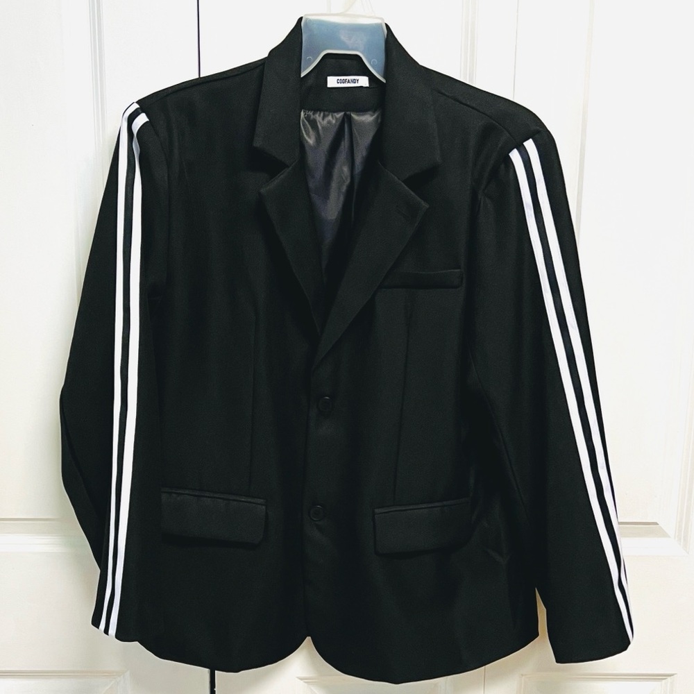 Coofandy Men's Black Blazer with White Sleeve Stripes Size L NWT